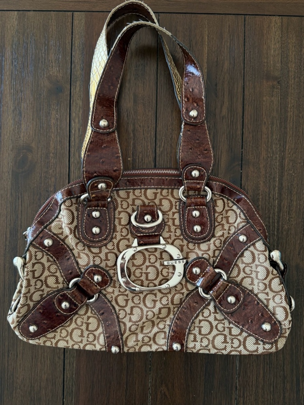 Vintage Y2K GUESS Brown Buckle Silver Large Slouch Hobo Shoulder Purse RARE